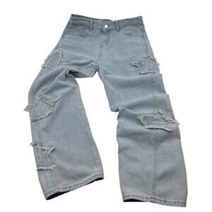 Womens Light Wash Frayed Raw Edge Star Patch Baggy Denim Jeans Waist Sz 31